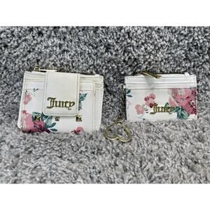 JUICY Small White Rose Floral Bi Fold Zippered Wallet & Card Holder Set